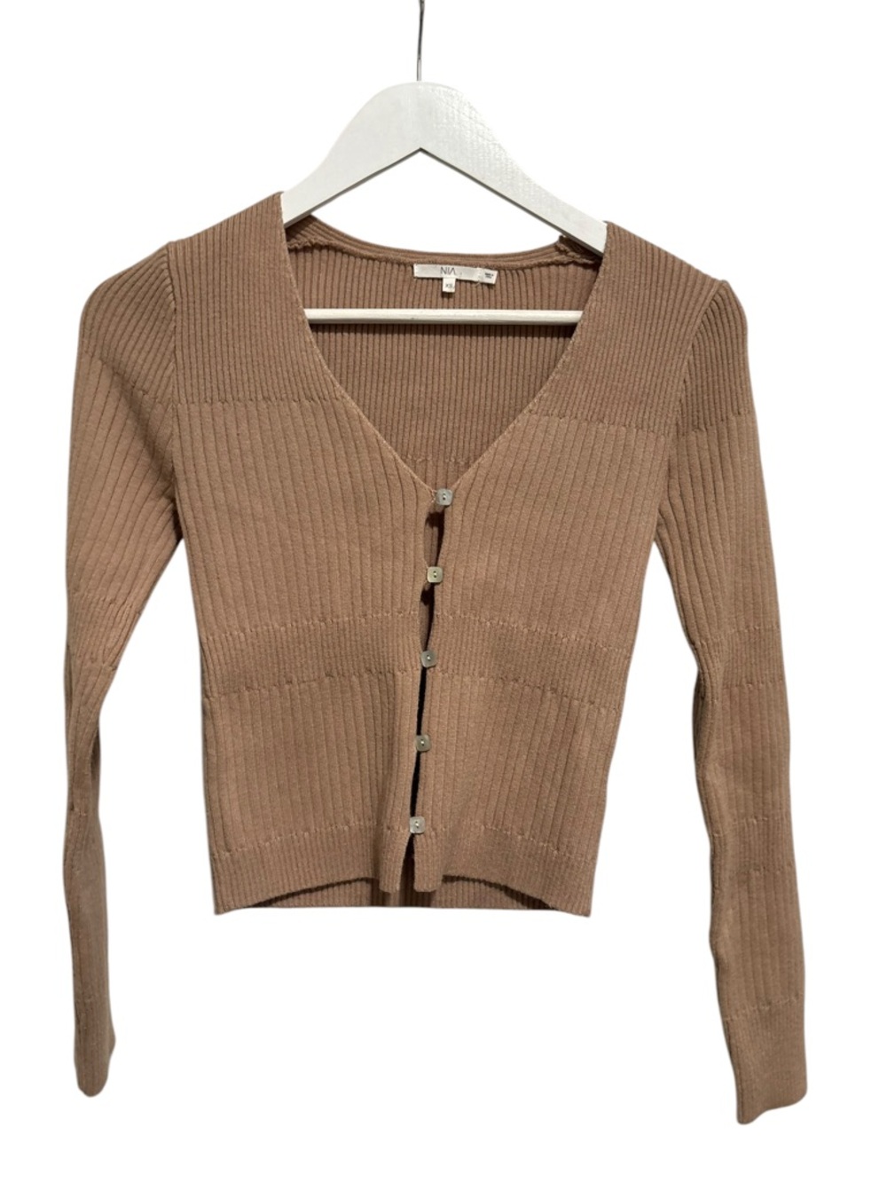 NIA Cropped Ribbed Button-Front Cardigan — Tan